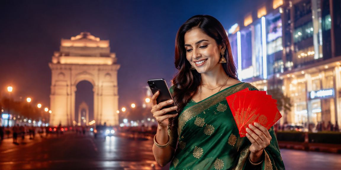 Delhi India Gate with festive red envelope bonus